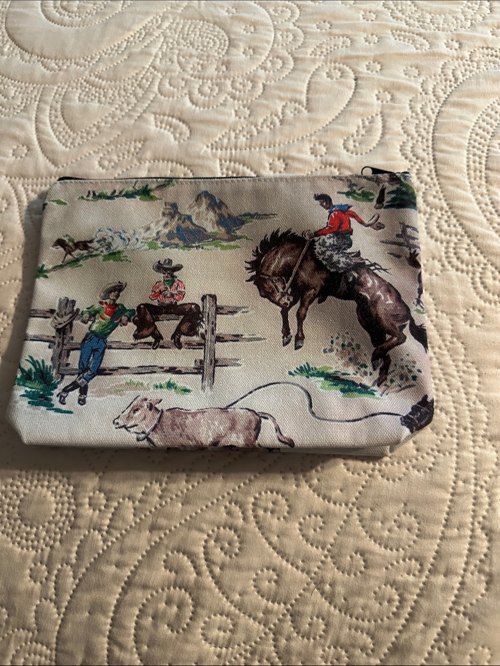 Western Rodeo Print Canvas Pouch in Cream and Brown